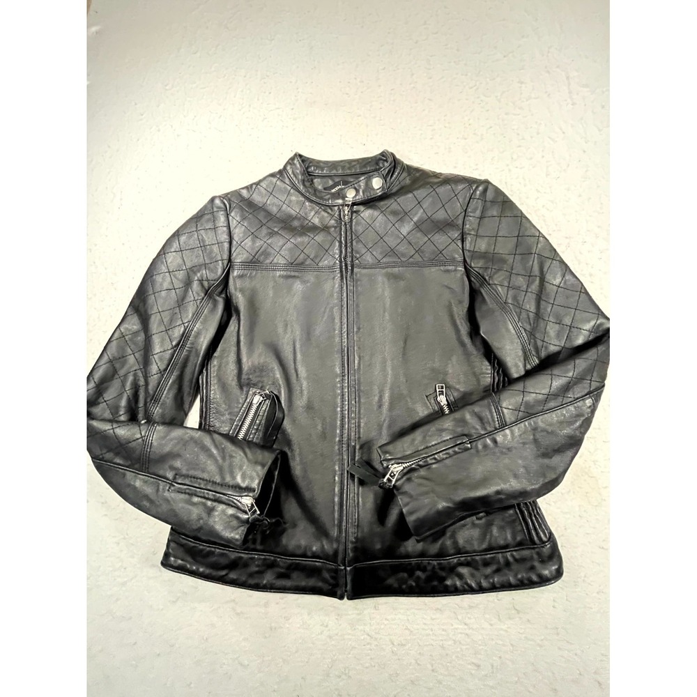 Y2K Moda International Motorcycle Jacket Womens M Black Genuine Leather Full Zip